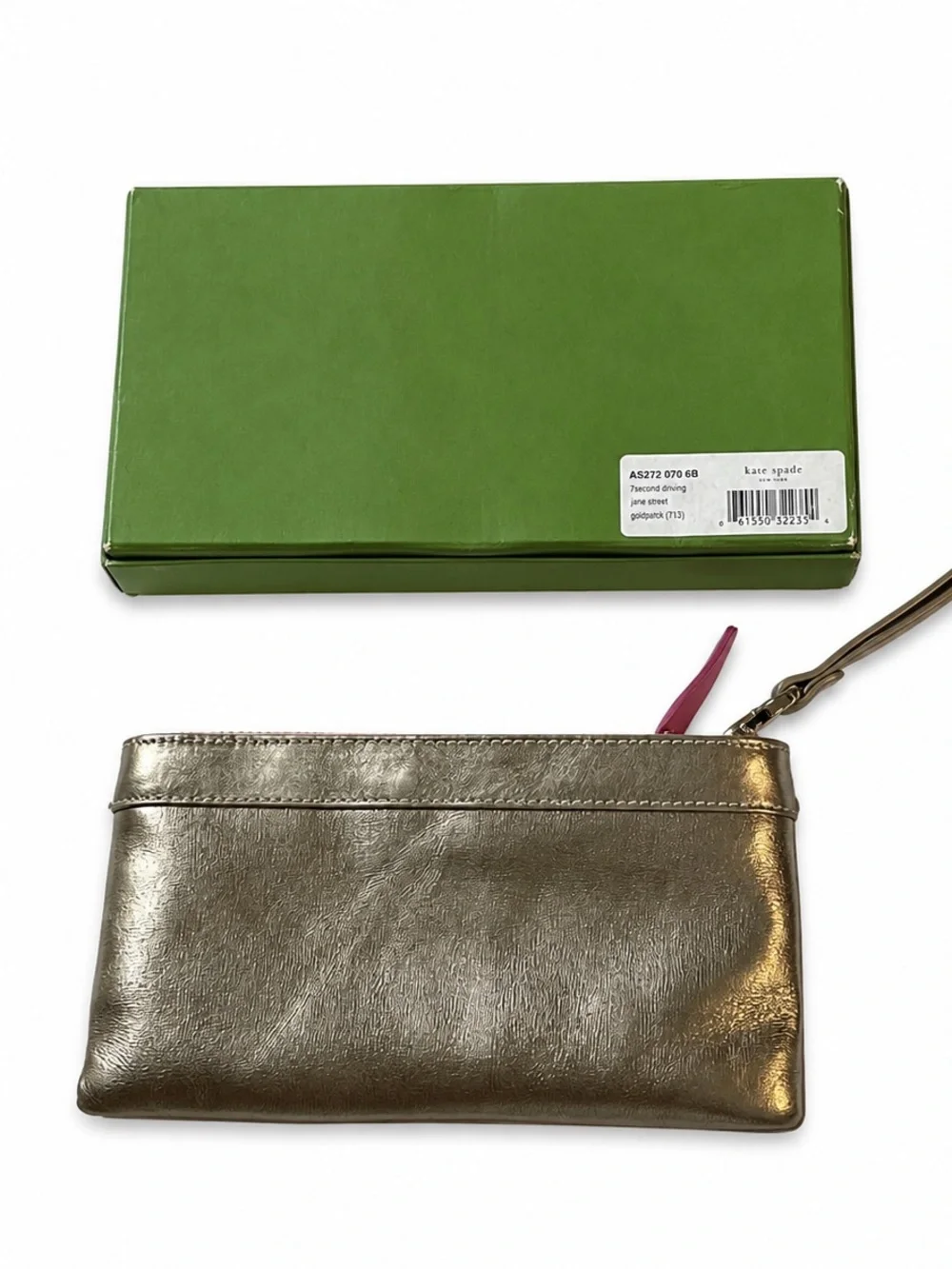 Kate Spade Gold Metallic Leather Wristlet Clutch Pink Polka Dot Interior w/ Box - Picture 4 of 8
